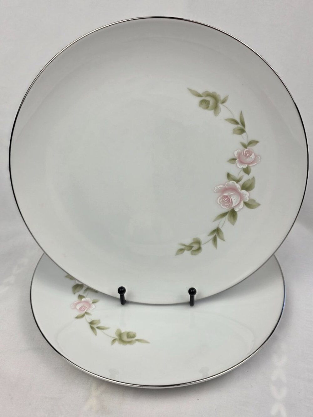 TWO Style House Tudor Rose Dinner Plates 10 5/8 Inch Pink Roses Green Leaves
